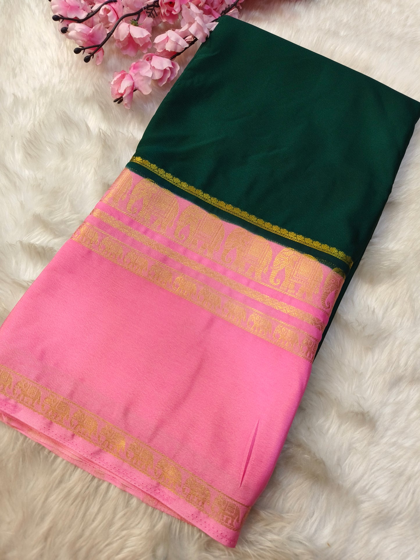 Green with Pink semi Mysore crepe silk saree