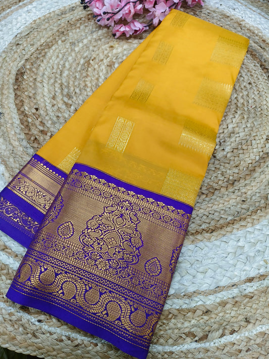 Yellow with purple Elegant  soft semi kanjivaram silk saree