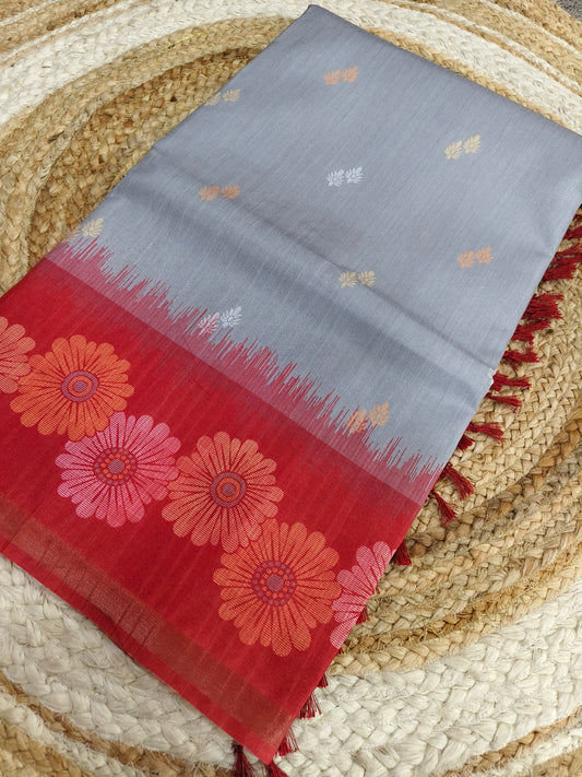 Grey With Red Tussar silk saree