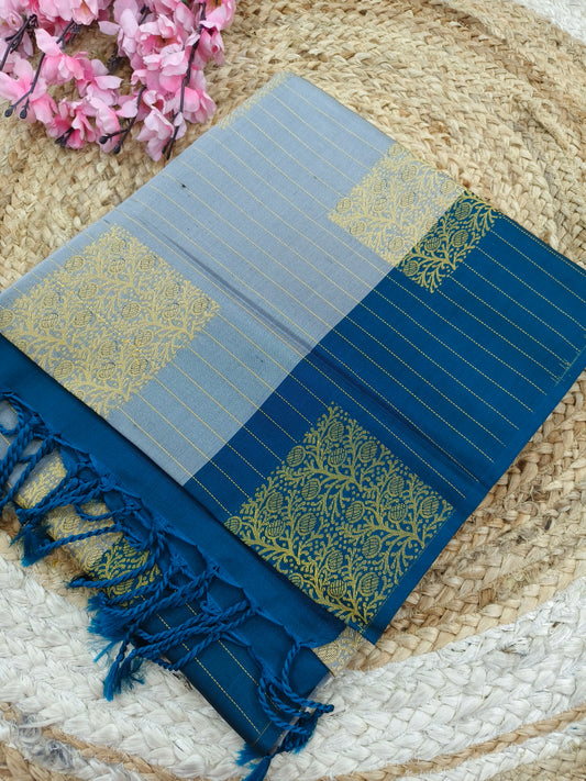 Light Blue with Peacock Blue Elegant soft semi kanjivaram silk saree
