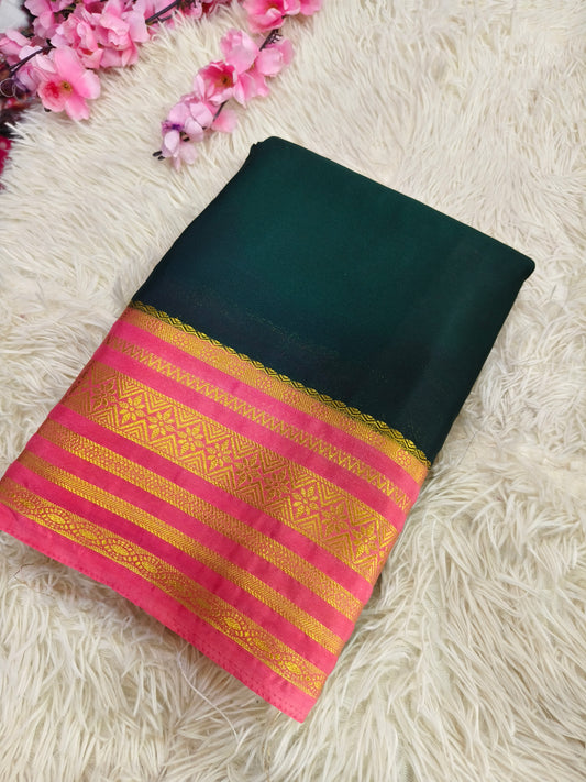 Bottle green with Baby Pink semi Mysore crepe silk