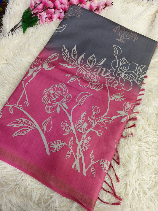 Grey with Pink Tussar silk saree