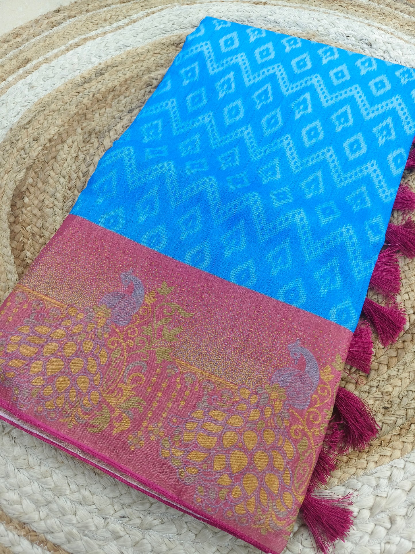 Sky blue with maroon tusser silk saree