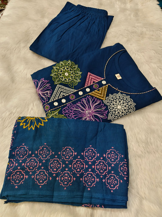 Blue cotton straight cut Suit