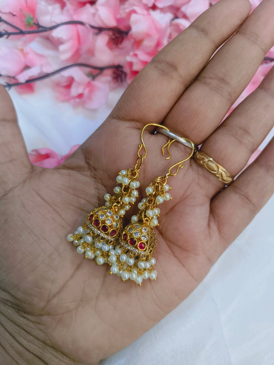Antique pearl beads with  Multi stone Hook  jhumka