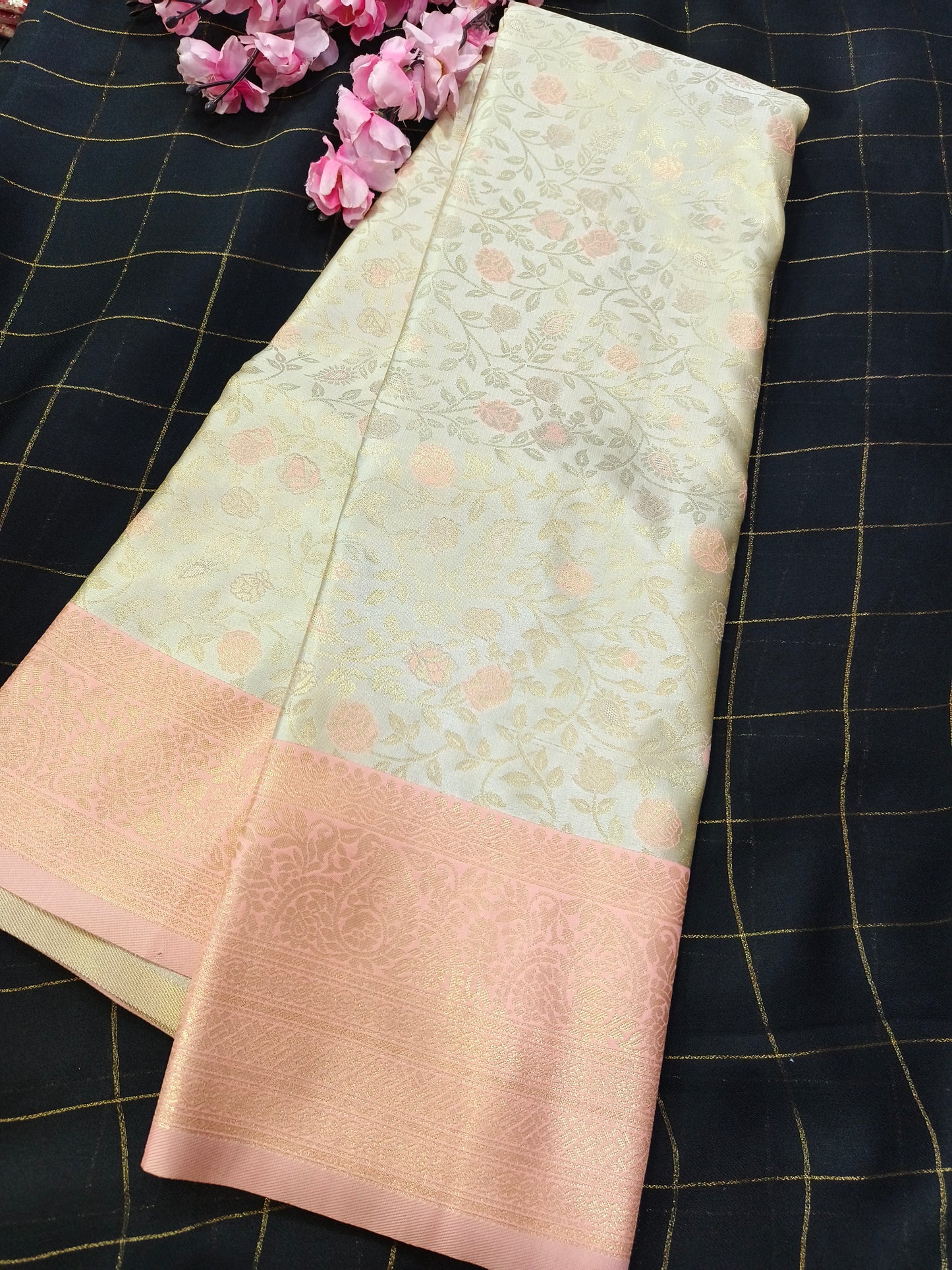 Light Cream With Peach Soft satin Silk saree