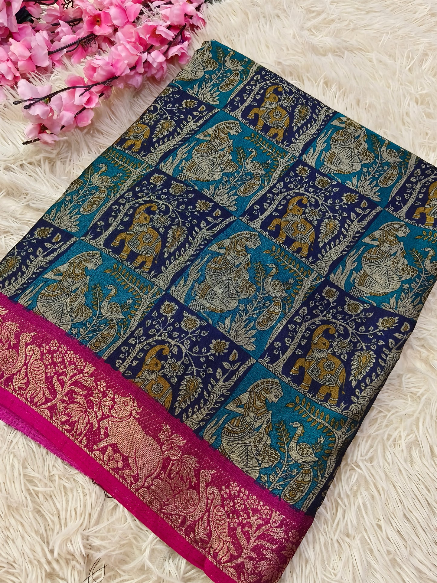 Teal Blue Kalamkari Fusion silk saree