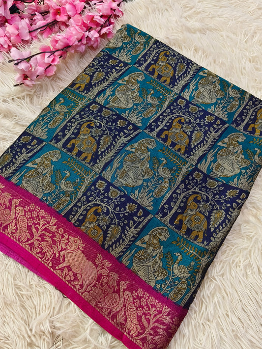 Teal Blue Kalamkari Fusion silk saree
