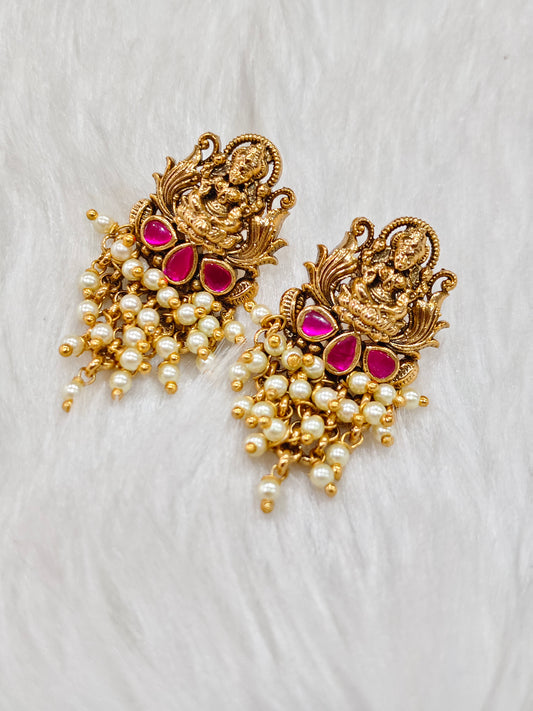 Ruby with pearl stone Lakshmi gold plated stud