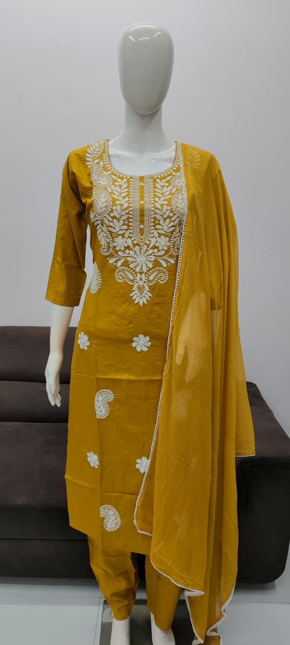 Yellow designer chickankari work salwar suit