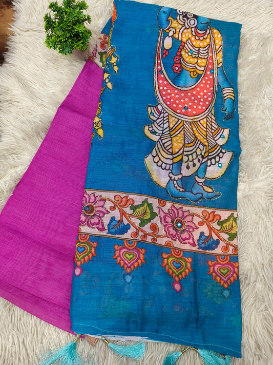 Pink with teal Blue Linen cotton Kalamkari saree