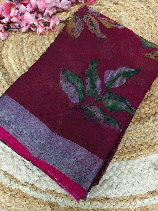 Dark pink - Black Lenin Cotton saree