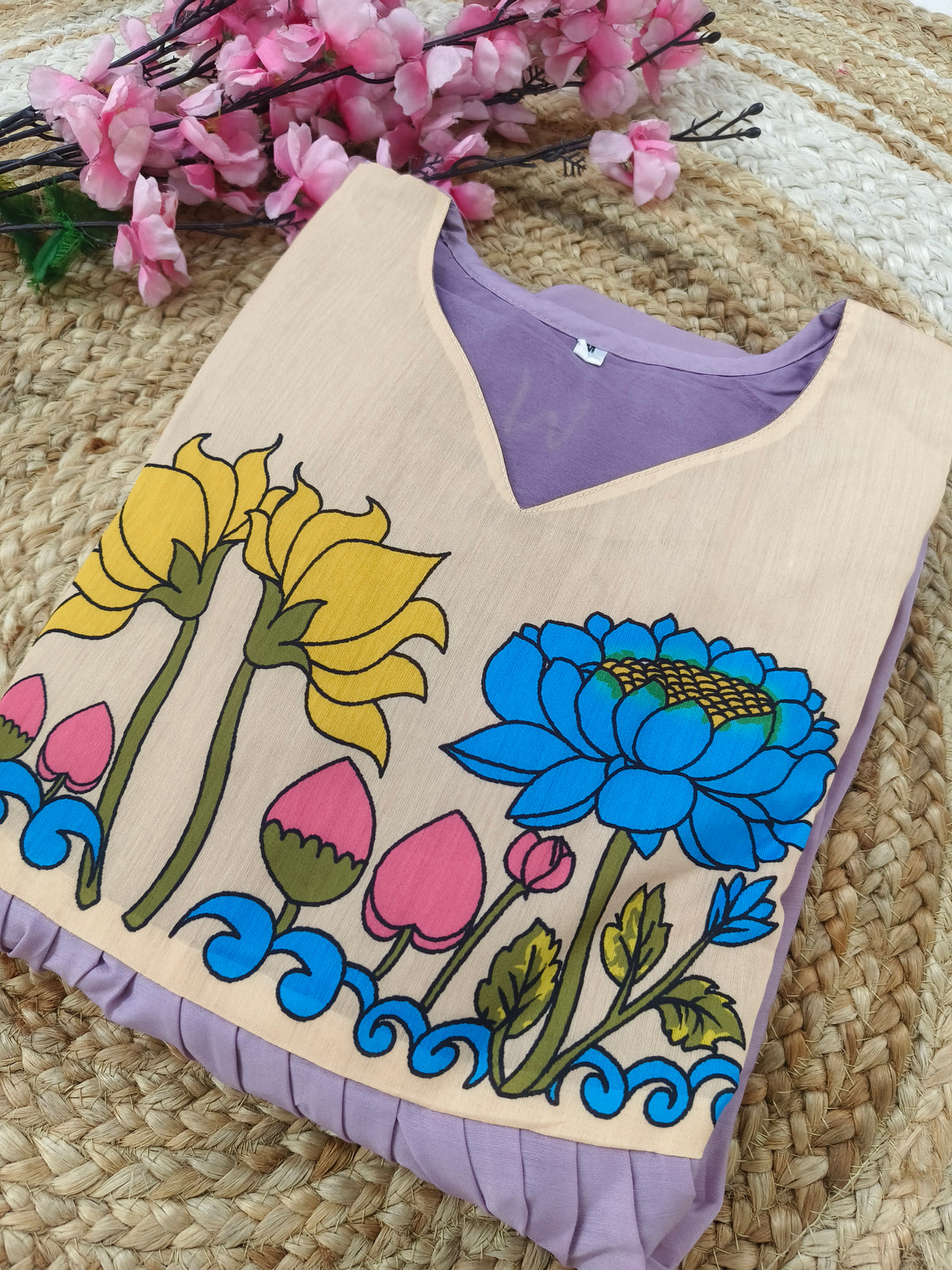 Lavender Floral Kalamkari Style A-Line Kurti