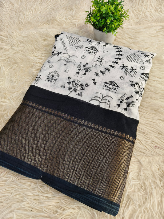 White&black dola silk Saree