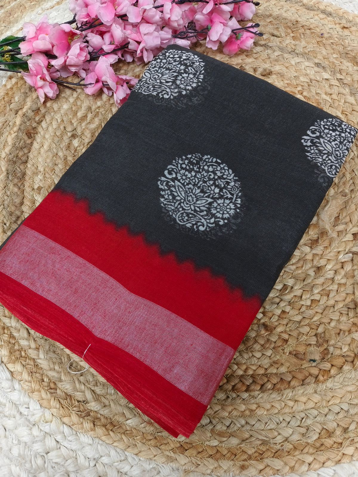 Black with red Lenin Cotton saree