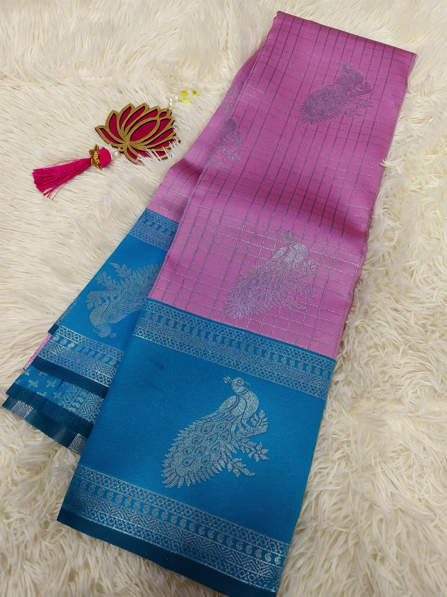 Pink with aqua blue Mercidised silk saree