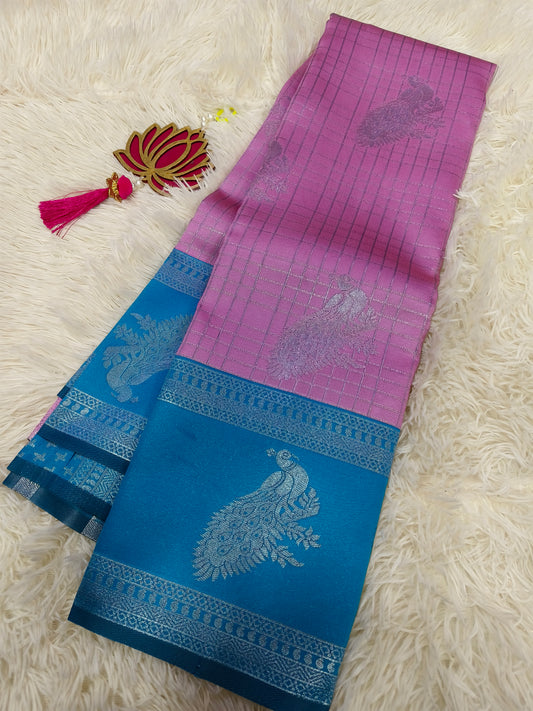 Pink with aqua blue Mercidised silk saree