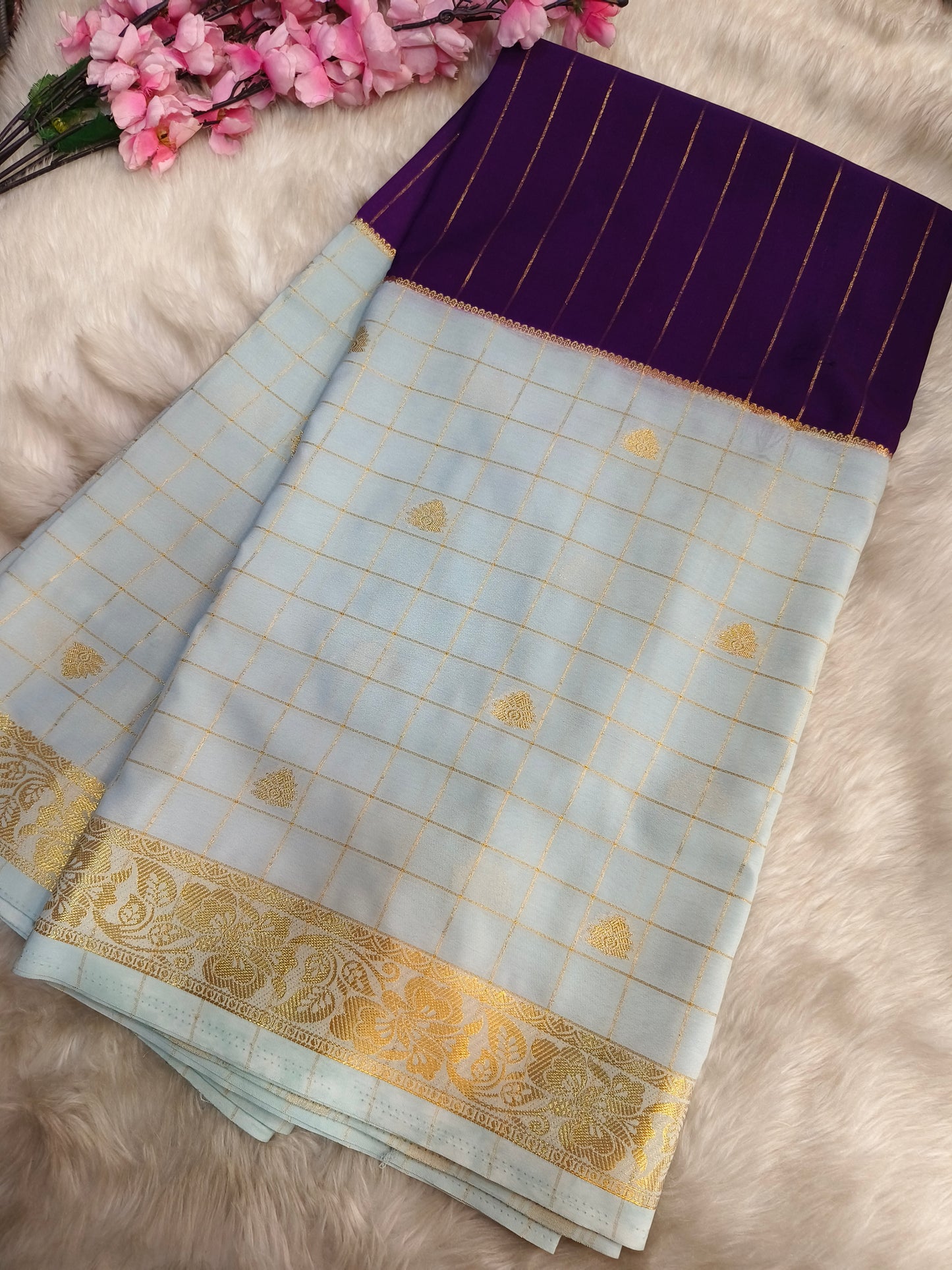 Purple With Light Blue semi Mysore crepe silk saree