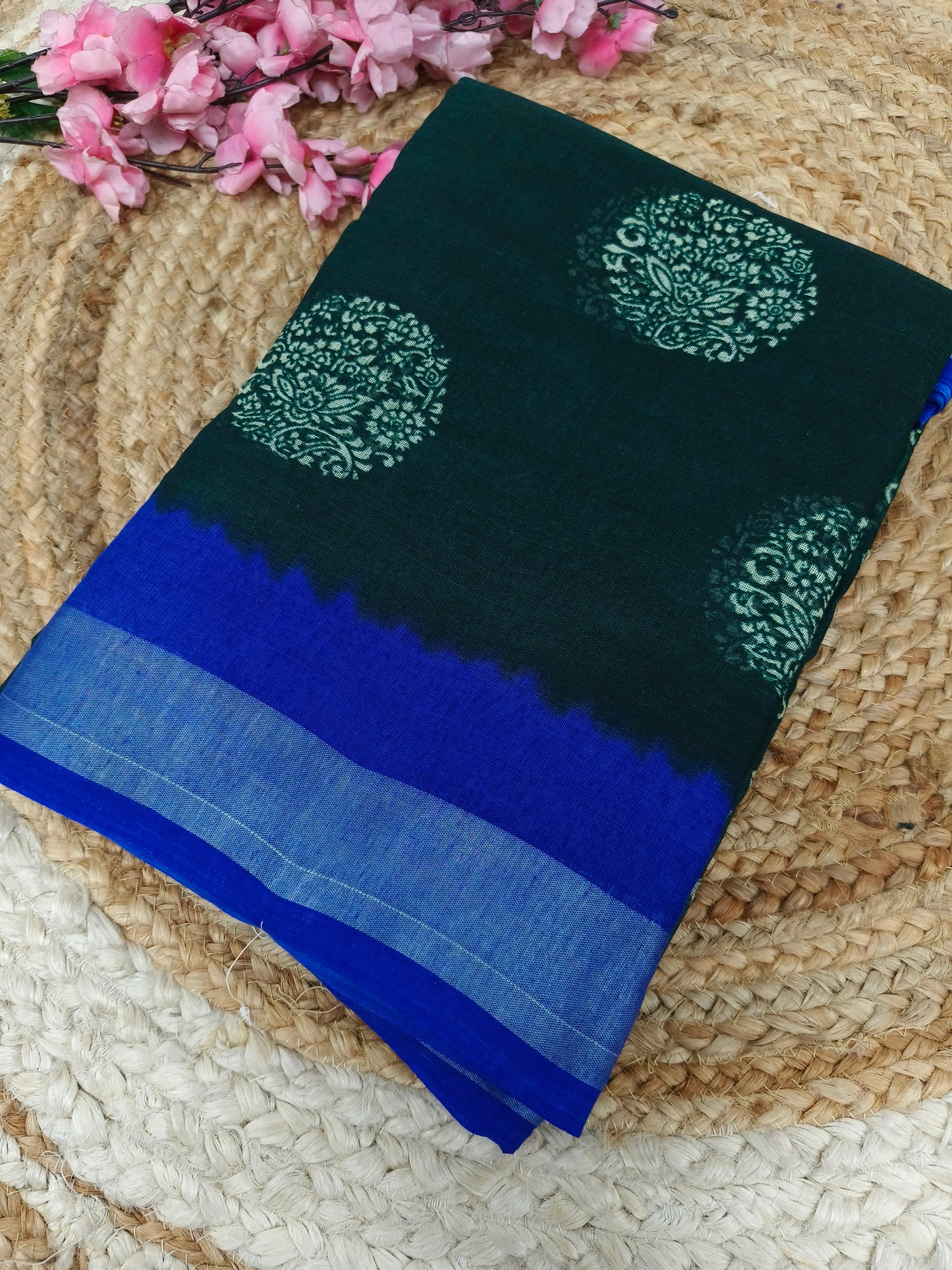 Bottle green with blue Lenin Cotton saree