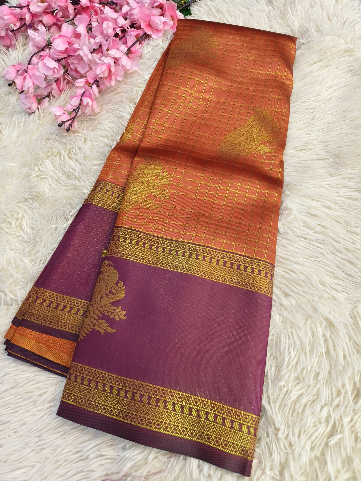 Rustic orange with Brown Bridal semi silk saree