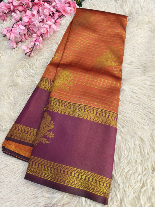 Rustic orange with Brown Bridal semi silk saree