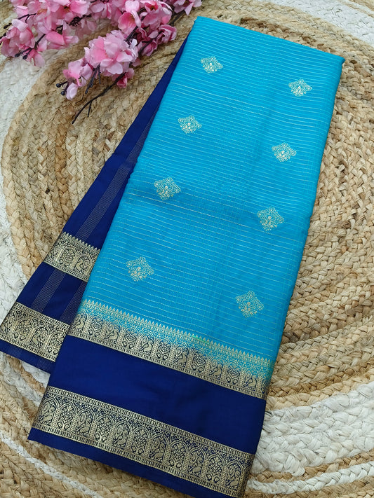 Sky blue  with Navy Blue Semi Mysore silk