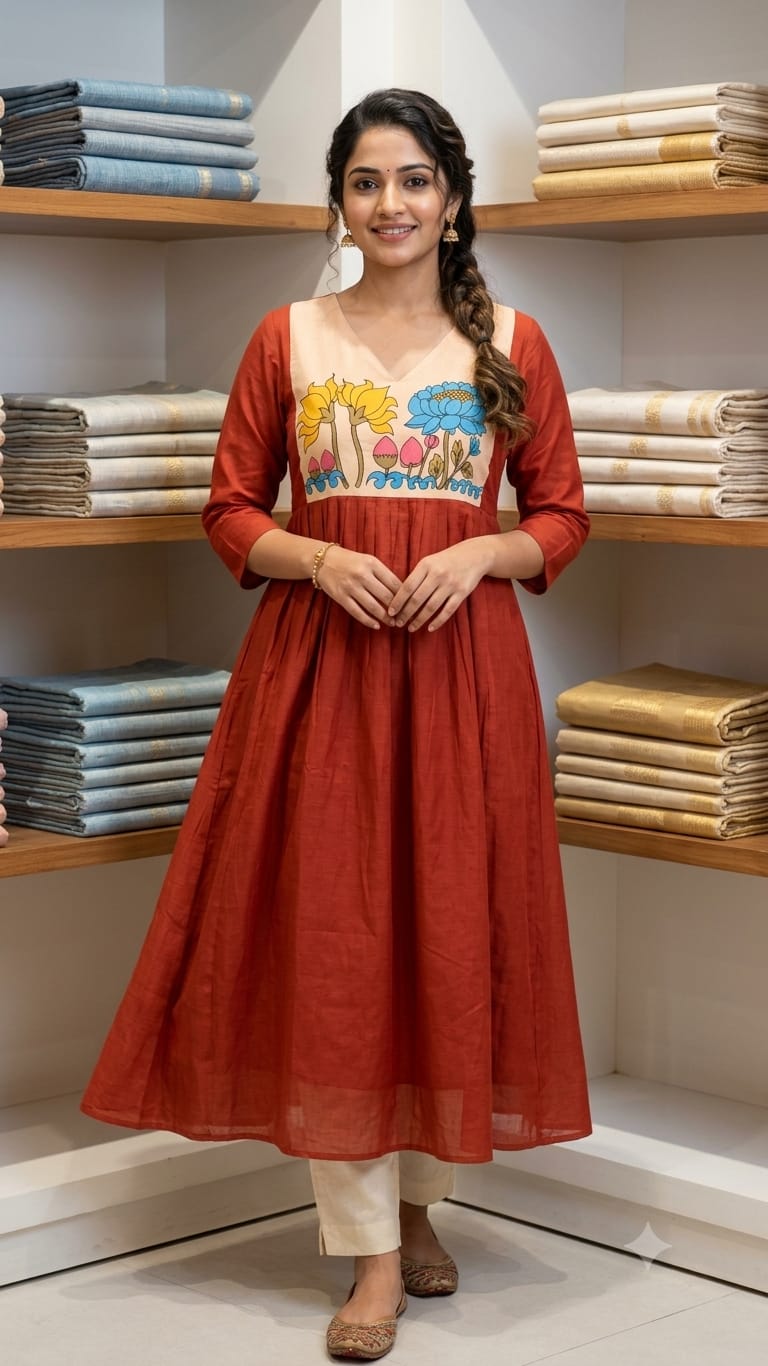 Orange Floral Kalamkari Style A-Line Kurti