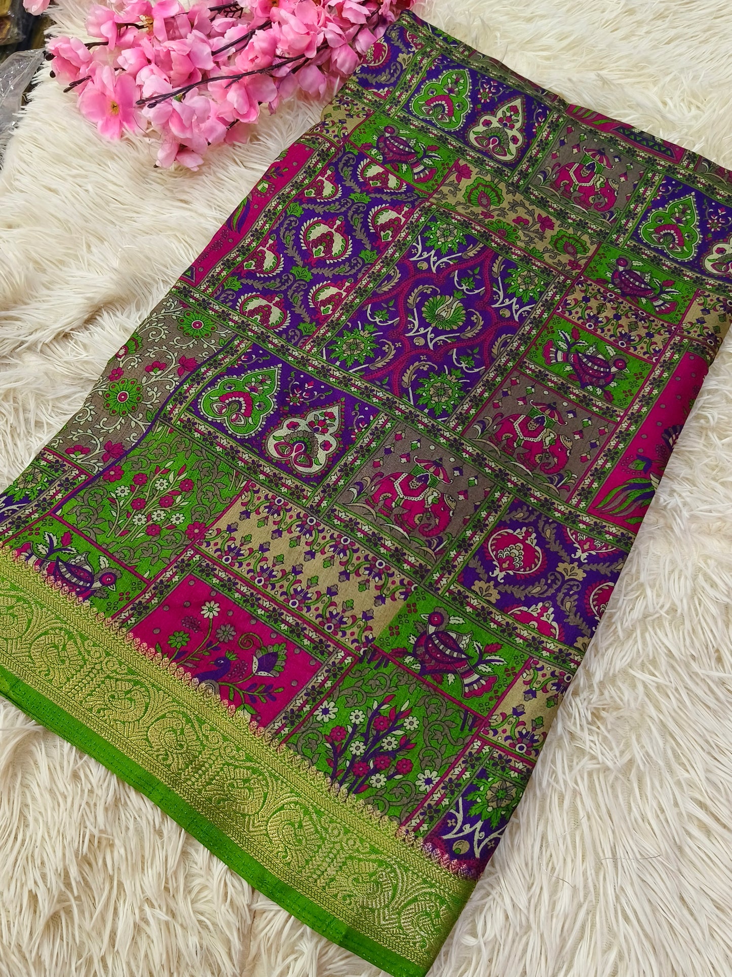 Green Kalamkari Fusion silk saree