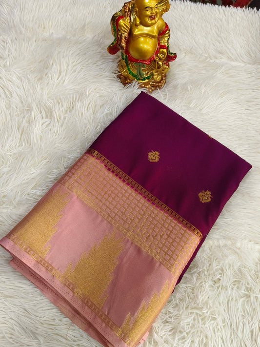 Wine With Peach semi Mysore crepe silk saree