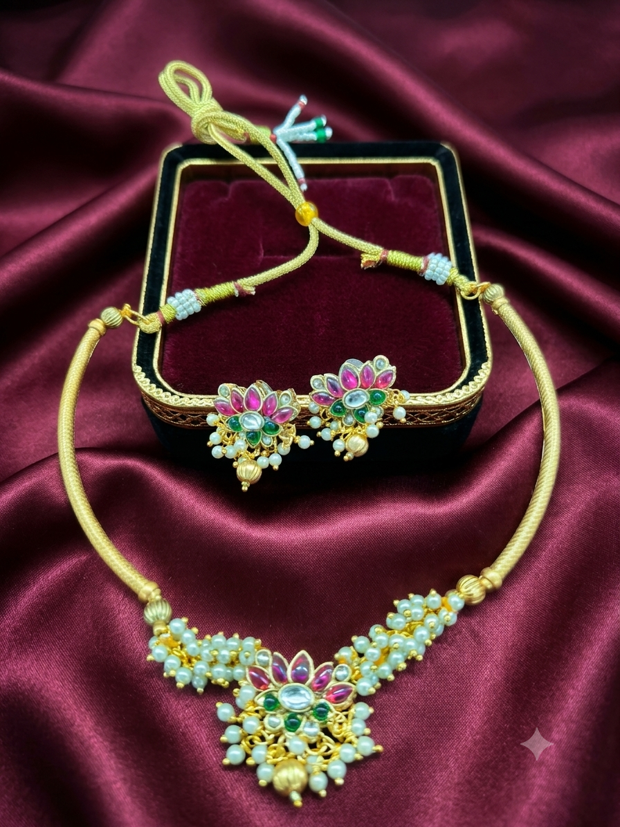 Floral Stone & Pearl Wire Choker Set