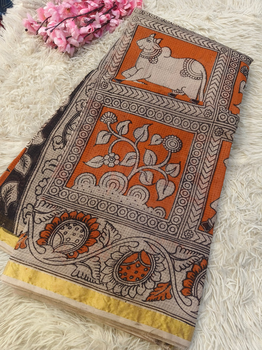 Orange kota cotton Kalamkari saree
