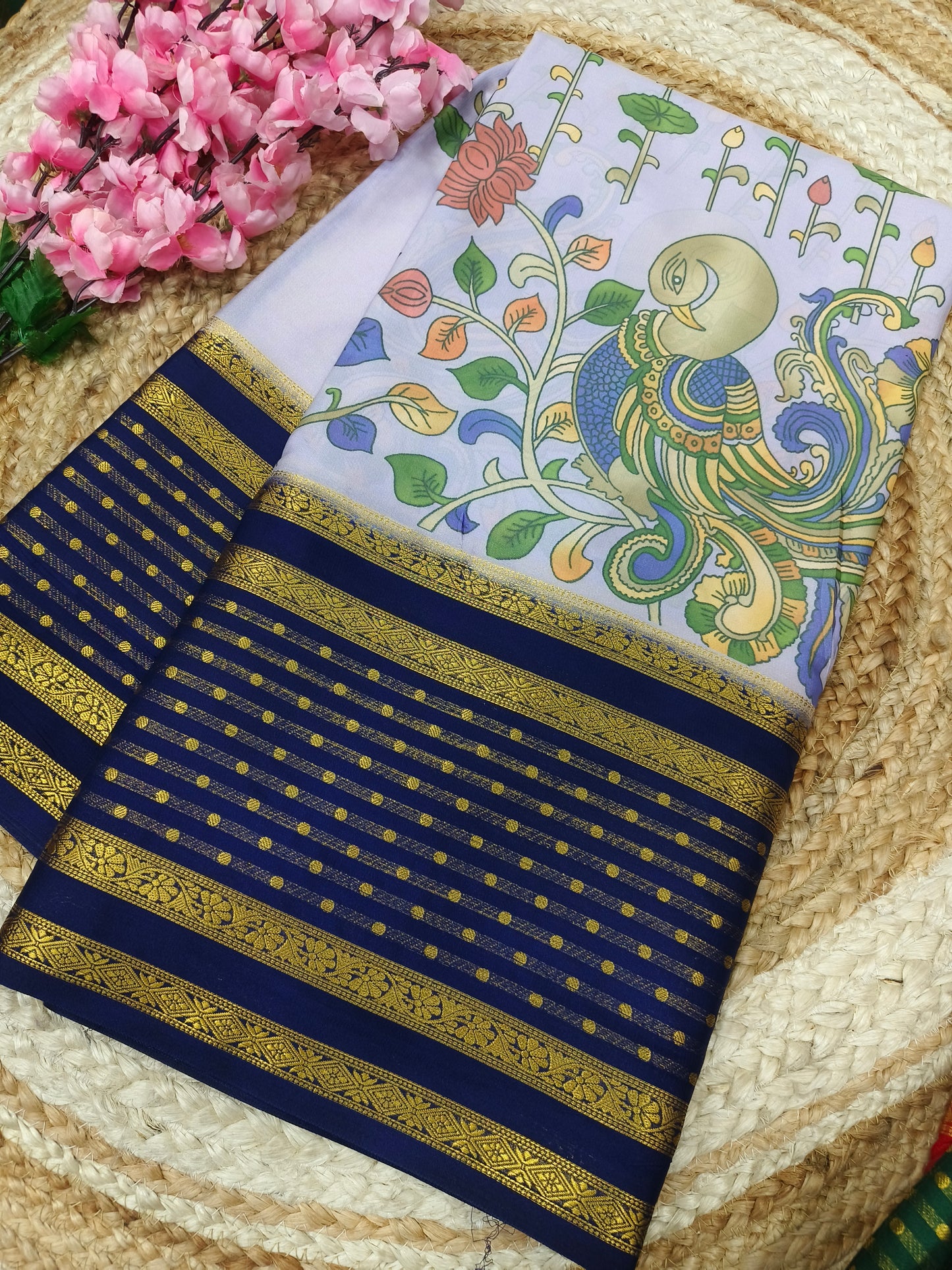 Neavy blue  Digital peacock printed semi Mysore crepe silk saree