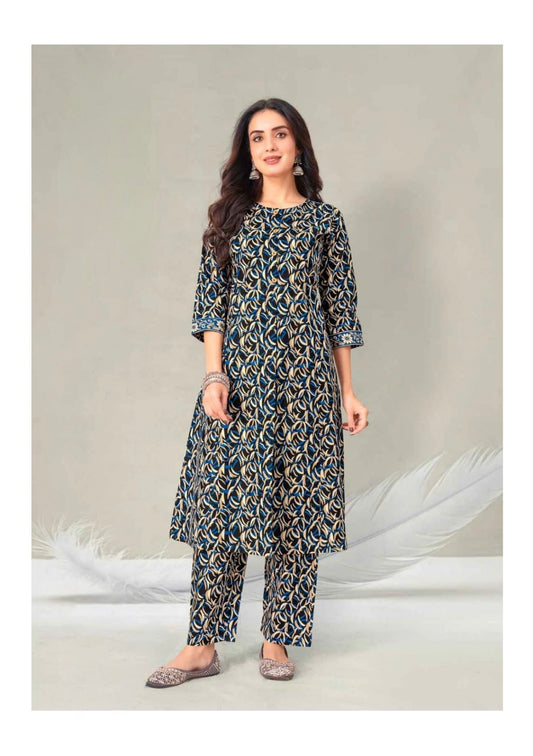 Indigo Blue Elegant Printed Cotton Kurta Set
