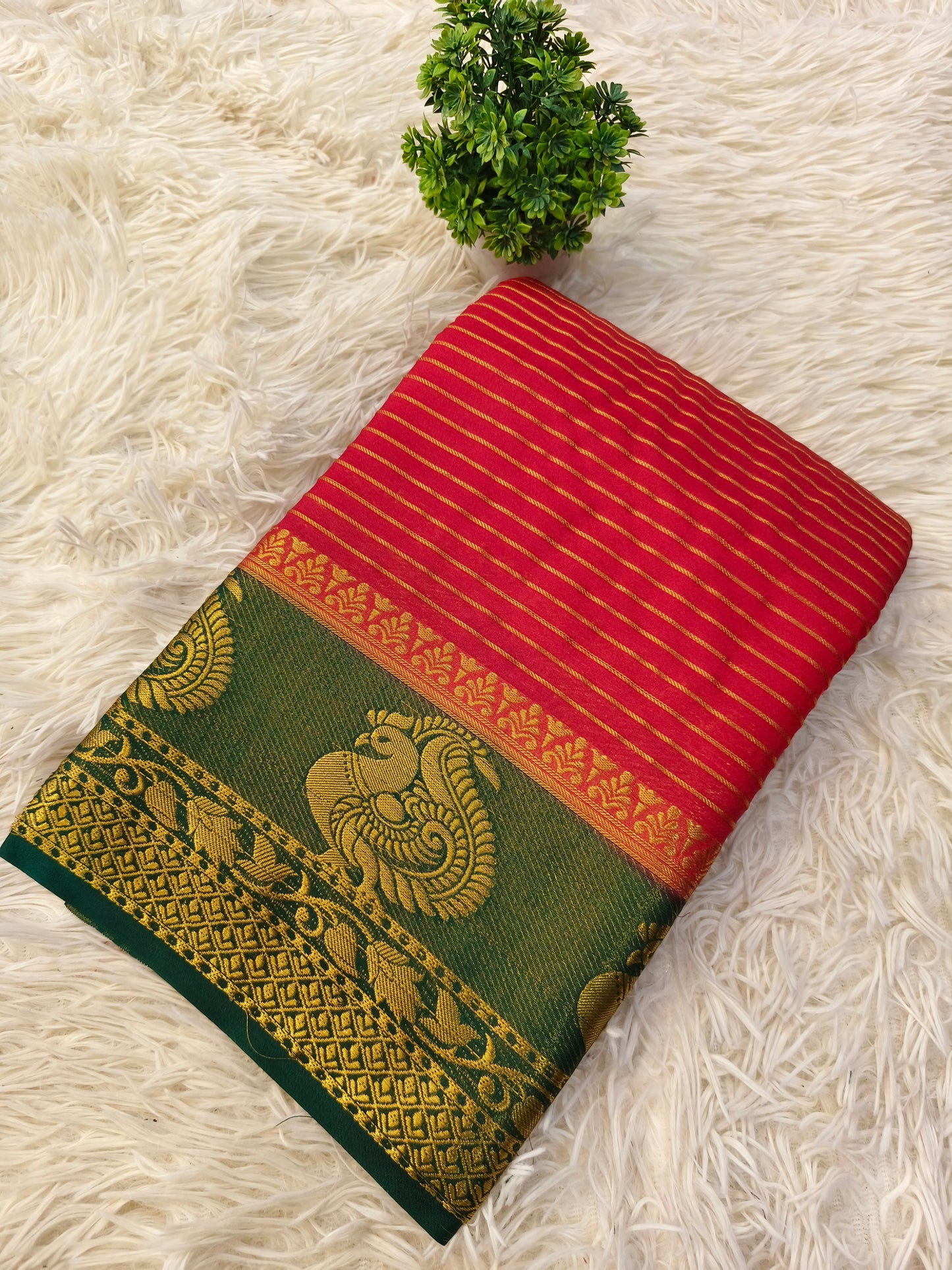 Red with Green semi Mysore crepe silk saree