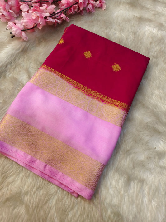 Rani pink with light pink semi Mysore crepe silk saree