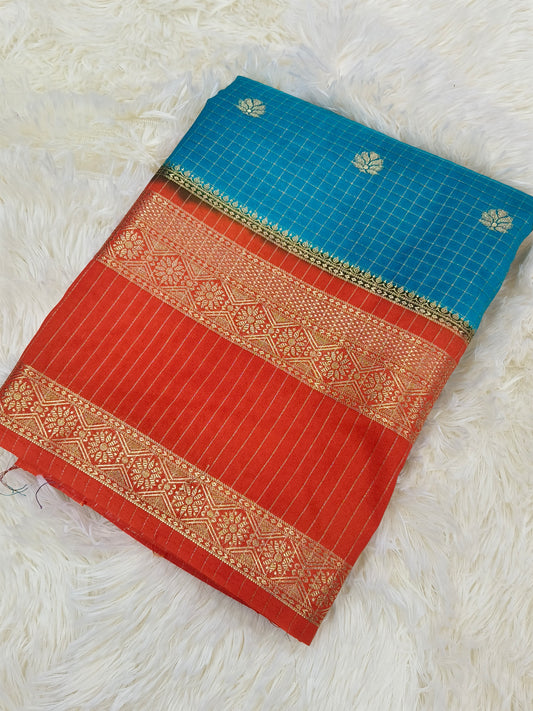 2D CHEX TEAL BlUE COLUR SEMI MYSORE CREPE SILK
