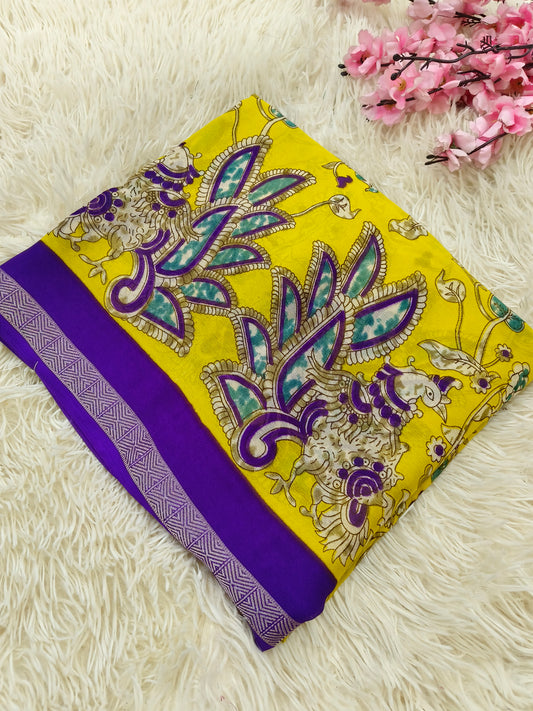 Yellow Kalamkari Georgette saree