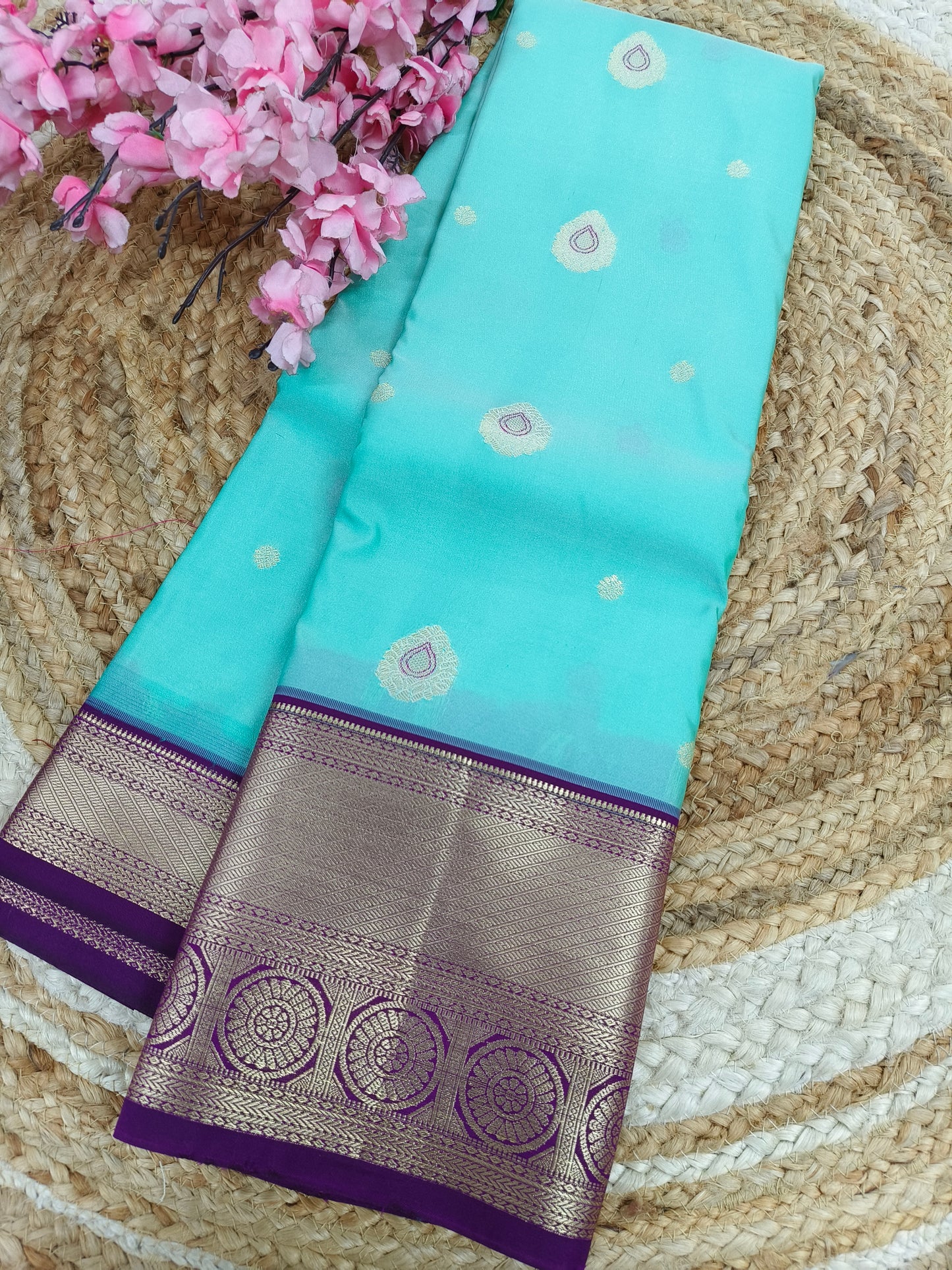 Sky blue with purple Elegant semi kanjivaram silk saree