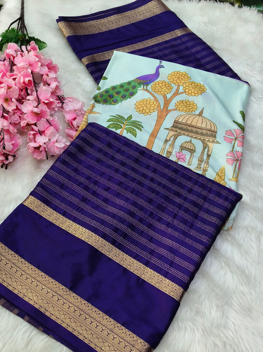 Purple Digital printed semi Mysore crepe silk saree