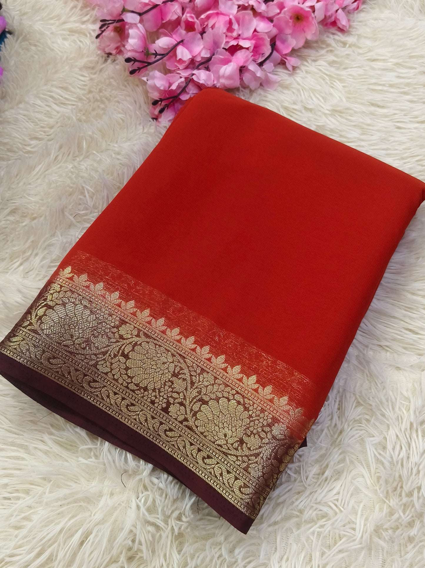 Rustic Orange with Brown Semi crepe georgette silk saree