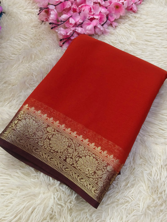 Rustic Orange with Brown Semi crepe georgette silk saree
