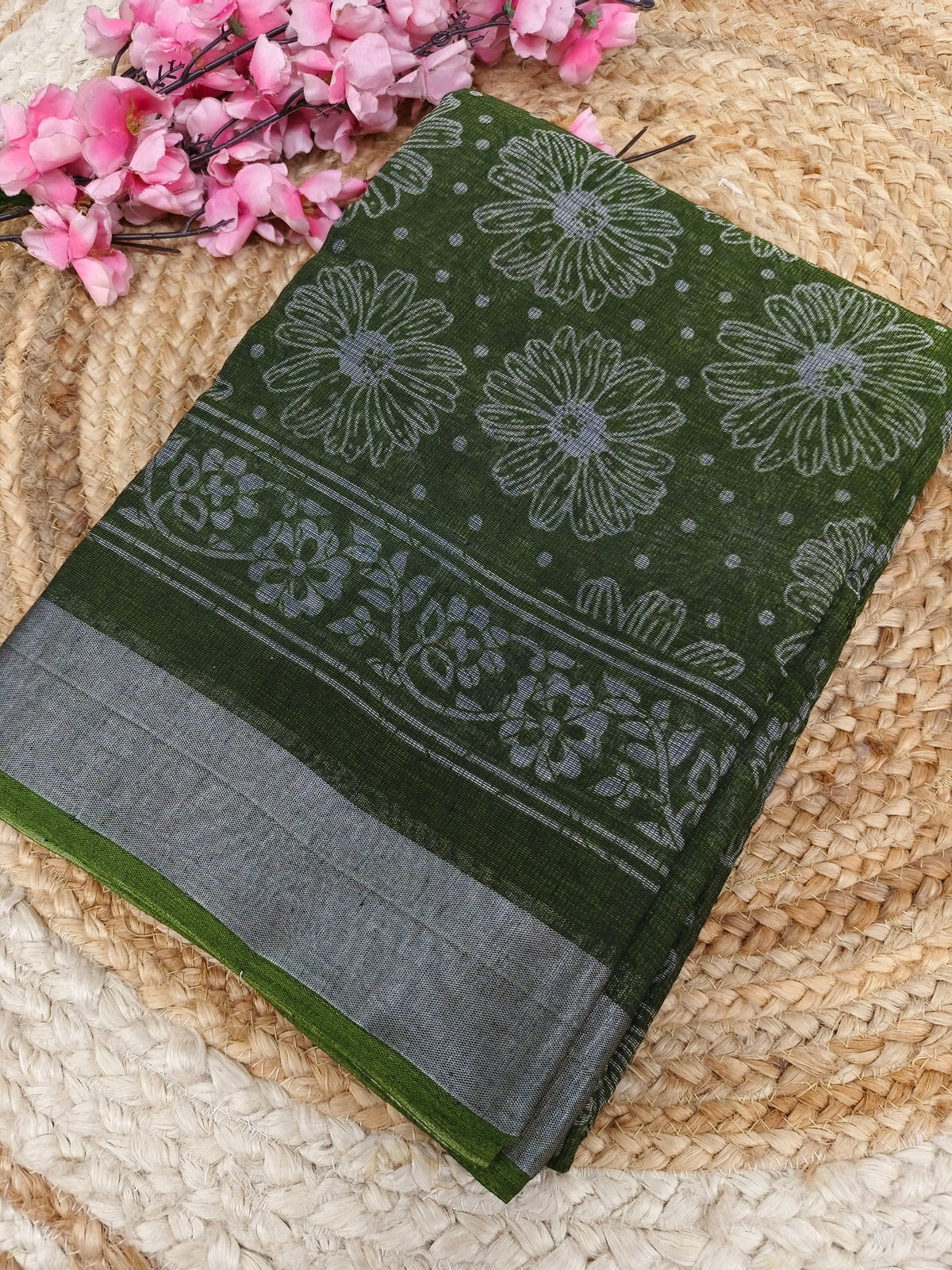 Green black Lenin Cotton saree