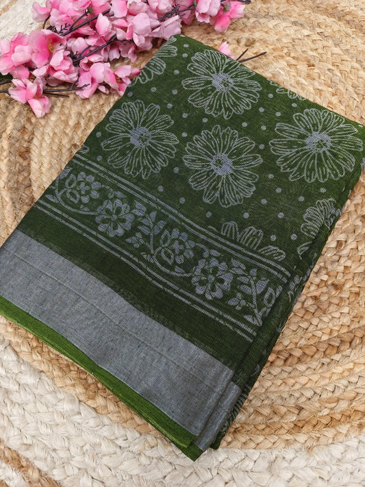 Green black Lenin Cotton saree