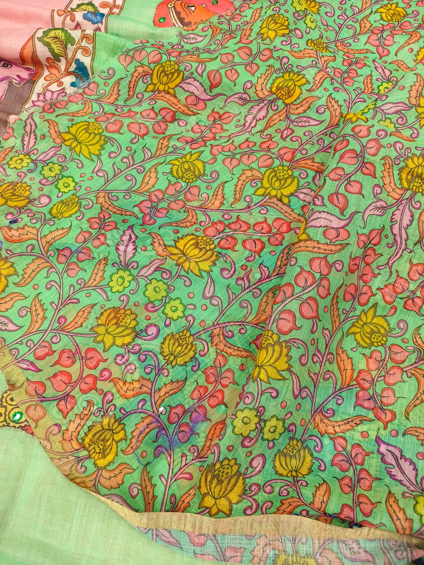 Green with Peach Linen cotton Kalamkari saree