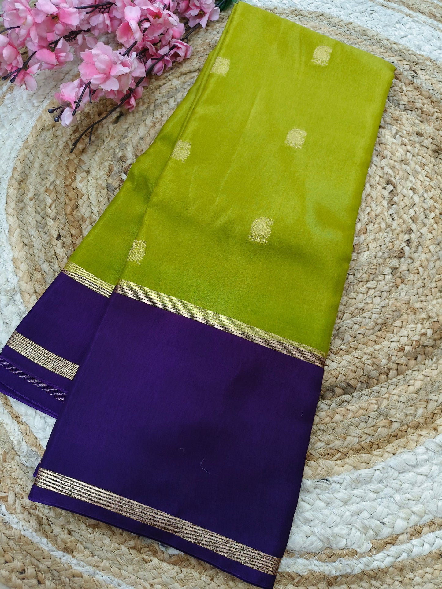Leaf green purple Munga silk saree