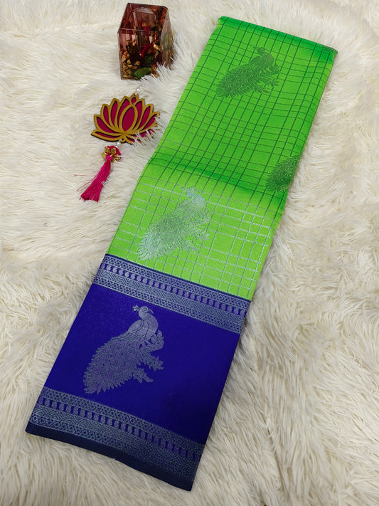 Parrot Green with blue Mercidised silk saree