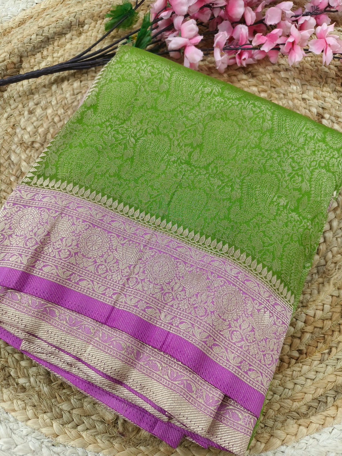 Green with light pink Brocket silk saree