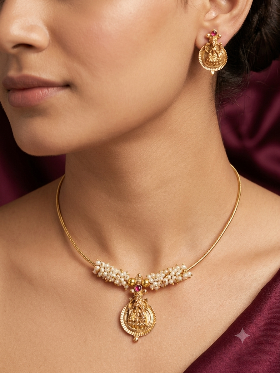 Divine Lakshmi Pearl Wire Necklace Set
