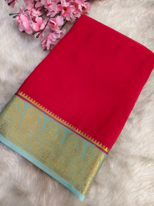 Red With Light Blue semi Mysore crepe silk saree