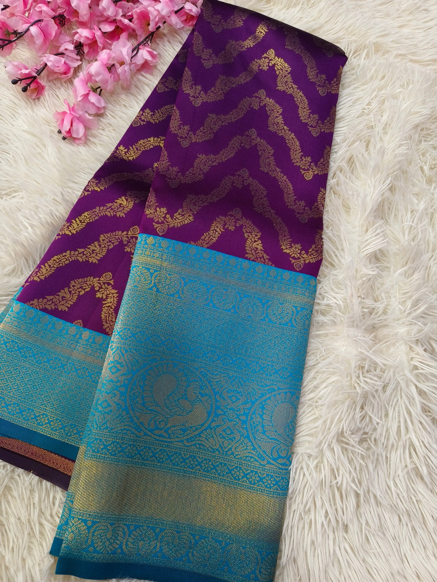 Purple with Light Blue  Bridal semi silk saree